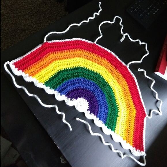 Large Rainbow Halter Top crochet handmade tie at neck and two around chest crop - Picture 6 of 10